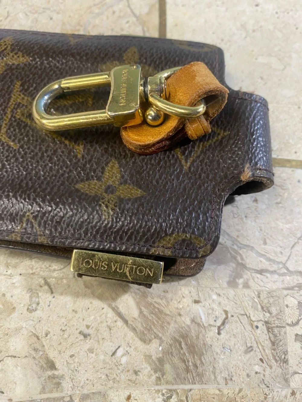 Louis Vuitton Monogram Canvas Phone Holster with Tan Strap and Gold Hardware